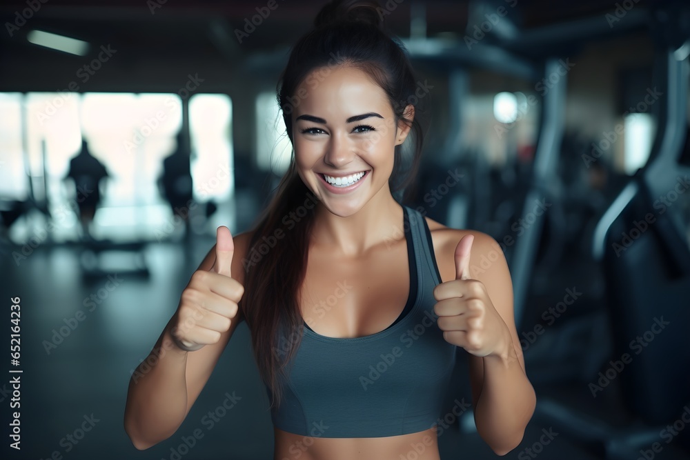Beautiful sporty fit brunette woman showing thumbs up at the gym, fitness trainer, healthy lifestyle