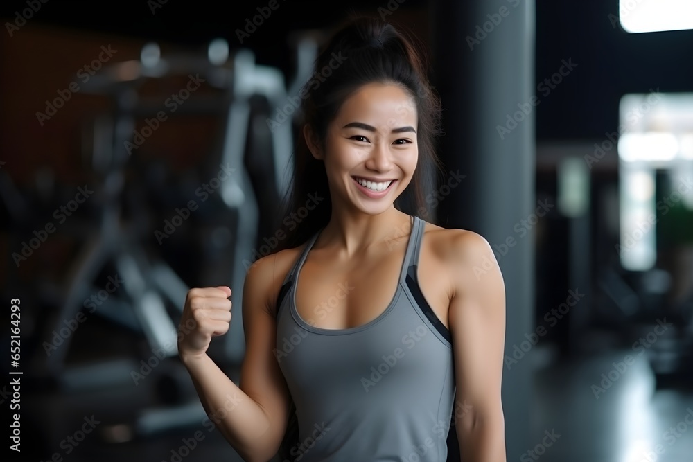 Fototapeta premium Beautiful sporty fit asian woman showing thumbs up at the gym, fitness trainer, healthy lifestyle