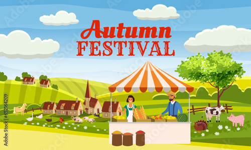Autumn Festival fair local market countryside, apple tree, farm, rural village