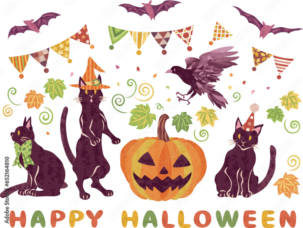 10月　ハロウィーン　黒猫とジャックオーランタンのイラスト