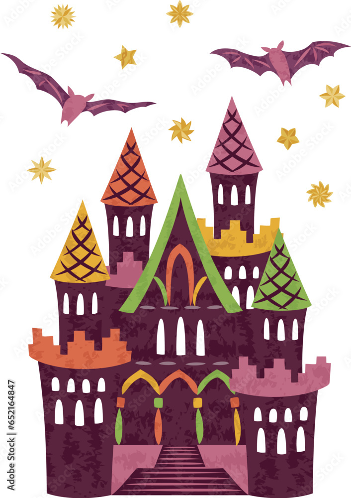 10月　ハロウィーン　星と城とこうもりのイラスト