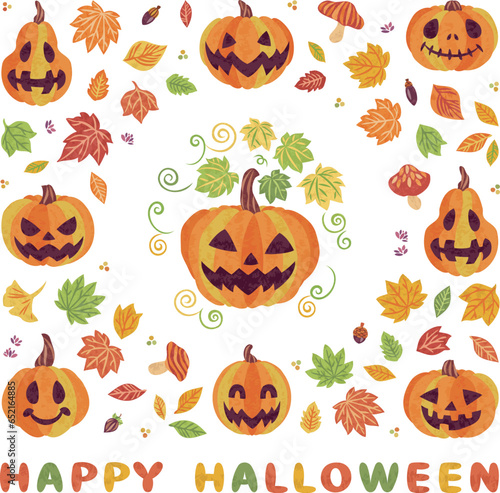 10月　ハロウィーン　ジャックオーランタンと落ち葉のイラスト