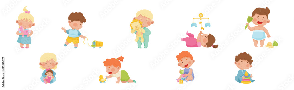 Cute Toddler Children Playing With Different Toys Vector Set Cute Toddler Children Playing With Different Toys Vector Set