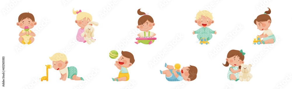 Cute Toddler Children Playing With Different Toys Vector Set Cute Toddler Children Playing With Different Toys Vector Set