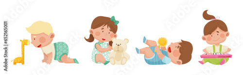 Cute Toddler Children Playing With Different Toys Vector Set