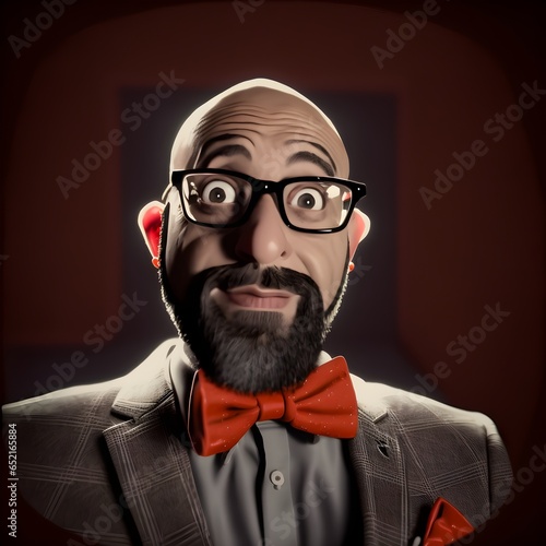 realistic cartoon bald and beard exagerated expression of disbelief looking straight at camera Solid black background dramatic lighting matching bowtie and glasses portrait lens canon 70200mm F28  photo