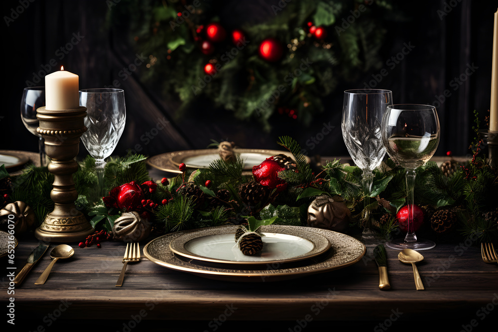 A top-view shot capturing the inviting charm of a Christmas table adorned with gleaming silverware, cozy garlands, and dark natural evergreen decor set against a black table.