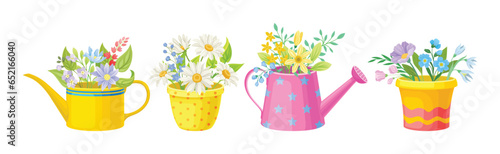 Blooming Flower Bunch with Twigs in Pot and Vase Vector Set