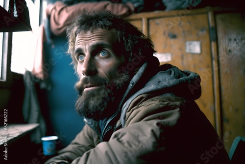 photo portrait of an interesting man sitting in a mountain hut 80s aesthetic ultrawide shot frontlight shot on Nikon FA 35mm lens film grain  photo