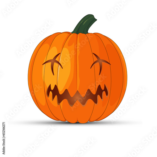 Pumpkin on white background. The Happy Halloween holiday. Orange pumpkin with scary smile. Vector illustration for design, postcards, banner.