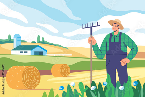 Farming and agriculture, harvesting. Farmer with rakes on the farmland landscape background during harvesting. Farm worker with dry hay bales.  Vector illustration for mobile and web graphics.