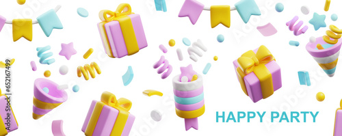 3d party popper with confetti serpentine, flying pink gift boxes, 3D render firework bang, vector Happy party banner