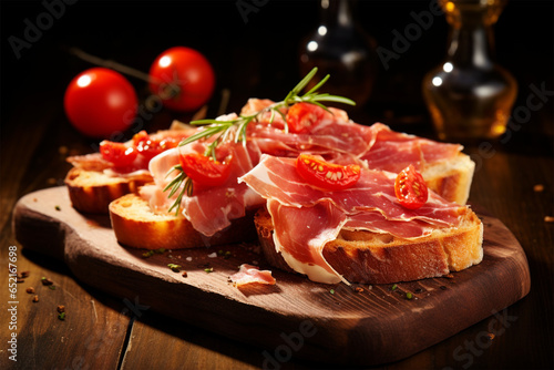 Toast with tomatoes and slices of jamon serrano ham photo