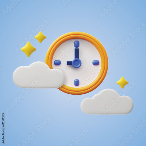 Clock face among clouds and stars, 3d rendering vector illustration isolated.