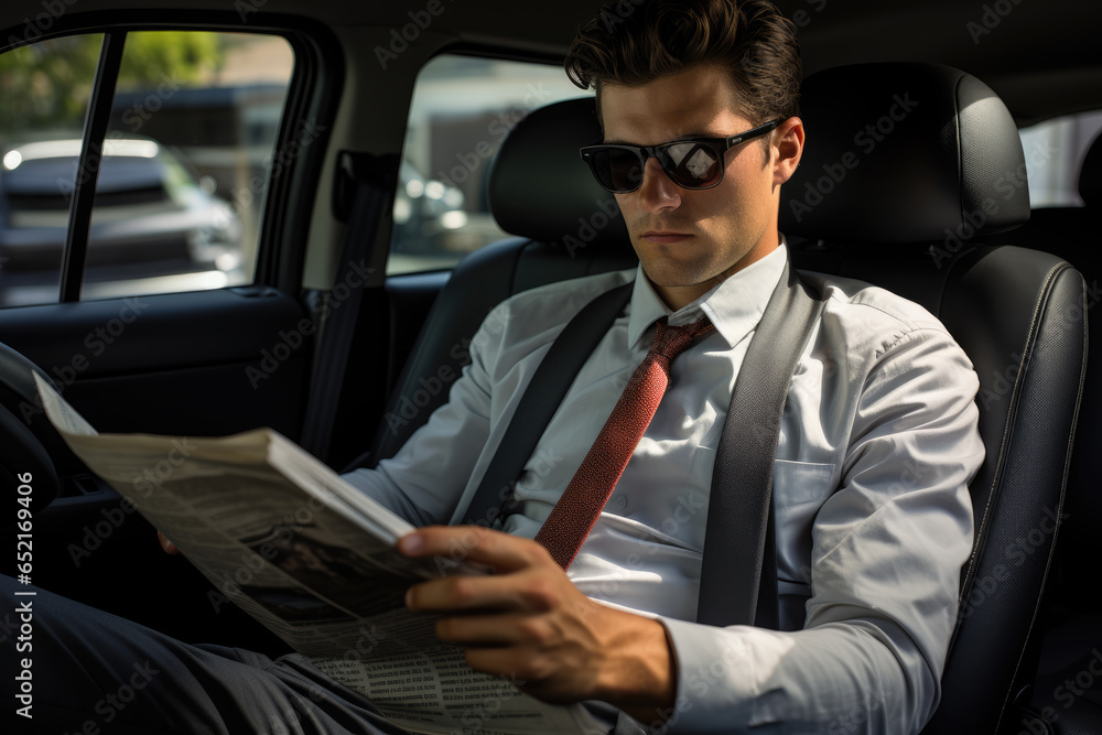 businessman in seatback seat reading newspaper in car, ai generated.