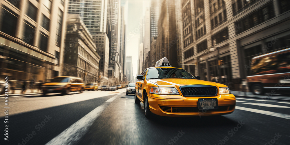 A yellow modern taxi cab driving through a busy city