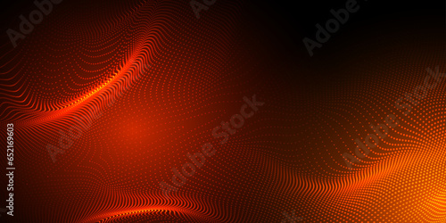 Abstract futuristic orange wave with moving dots. Flow of particles with glitch effect. Ideal vector graphics for brochures, flyers, magazines, business cards and banners. Vector.