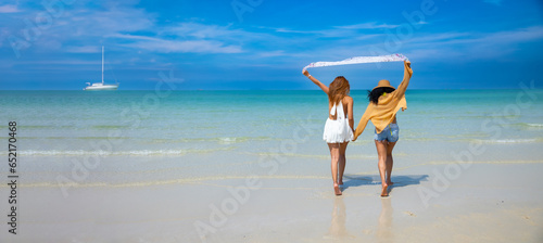 Freedome beautiful Happy asian woman traveller enjoy life on tropical beach Vacation trip summer holiday. Freedome life. photo