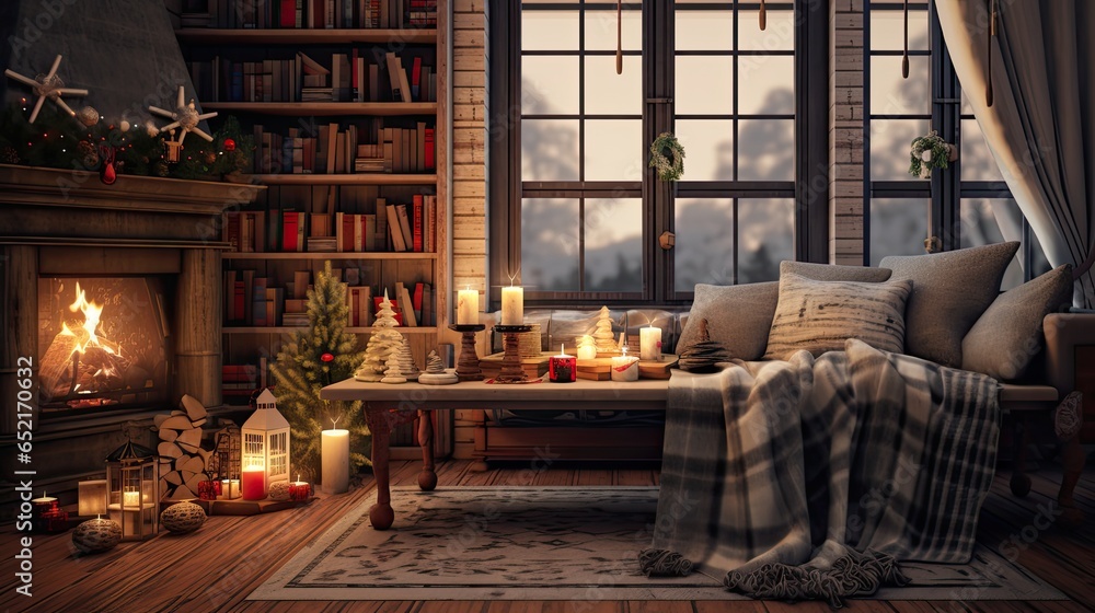 Christmas Hygge Concept, decoration and candles burning in lanterns, roaring log fire, window with snow and festive garlands at home Christmas Hygge Concept, decoration and candles burning in lanterns, roaring log fire, window with snow and festive garlands at home
