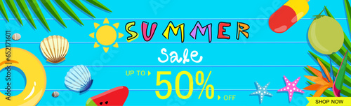 Summer sale vector illustration ,Design for promotion with colorful beach elements blue background.