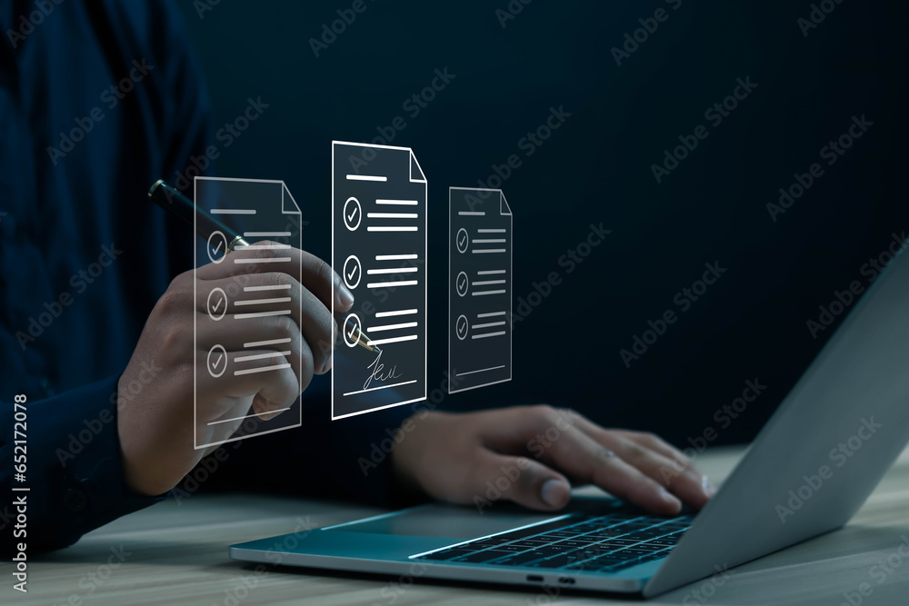 Fototapeta premium Businessman use signature electronic paperless Electronic signing of digital documents on realistic screens document digital sign electronic online 