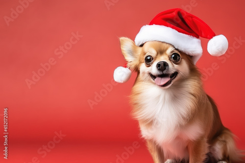 A dog wearing red santa claus hat isolated on pastel background