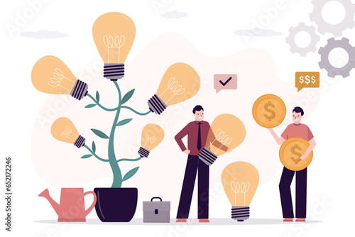 Businessman grown tree of ideas. Investor with money. Visionary with various business ideas and startup for investor. entrepreneur holding light bulb
