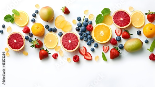  Creative layout made of fruits. Flat lay. Plum strawberry  blueberry  lemon  orange  lime  kiwi  melon  on the white background. Generative AI