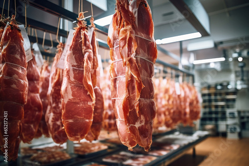 Meat processing plant. Raised meat for further processing in the production hall. The arrival of jamon or cold cuts. Natural fresh meat product. Production of pork or beef in a modern enterprise. photo