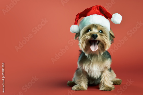 Yorkshire Terrier dog wearing red santa hat on red background