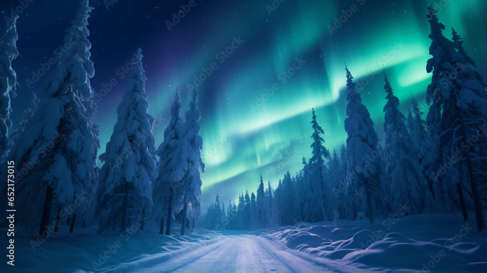 Spectacular aurora borealis in starry sky