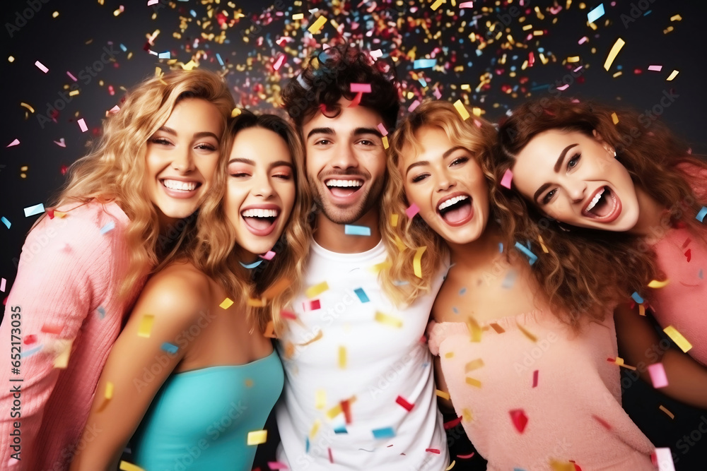 Photo of a joyful group of people celebrating under a shower of colorful confetti Photo of a joyful group of people celebrating under a shower of colorful confetti