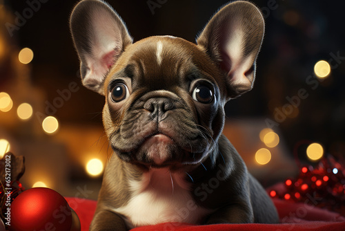 Wallpaper Mural Cute white small dog on a background of beautiful golden bokeh, Christmas balls Torontodigital.ca