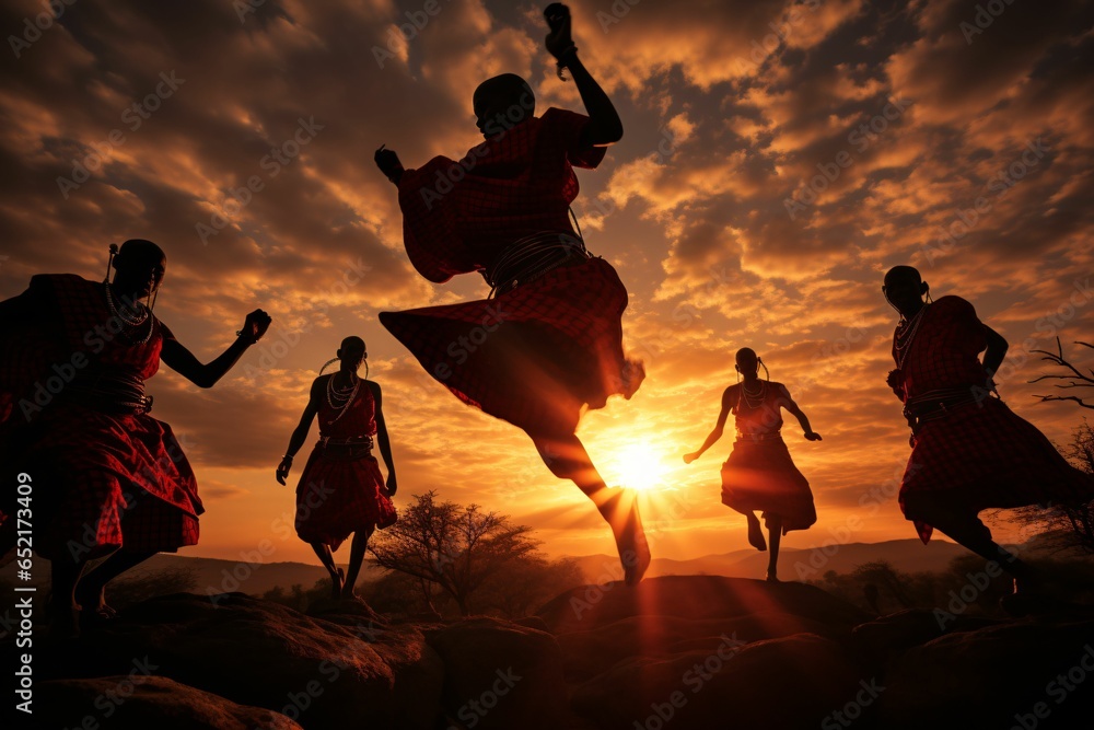Maasai warriors in traditional red shuka perform a high jump dance on Kenya's vast savannah; long exposure captures their elevated motions against the backdrop of a setting sun - obrazy, fototapety, plakaty 