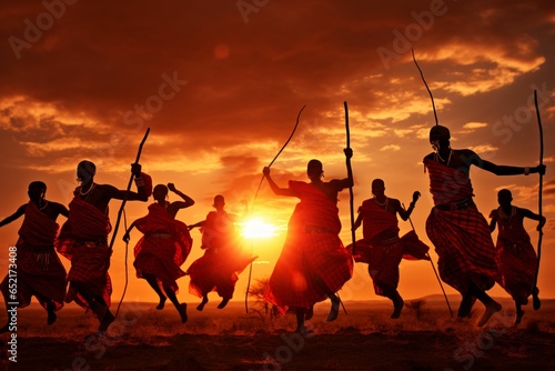Maasai warriors in traditional red shuka perform a high jump dance on Kenya's vast savannah; long exposure captures their elevated motions against the backdrop of a setting sun