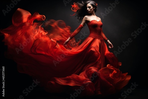 A Spanish flamenco dancer's vibrant red dress swirls gracefully during a passionate spin, captured with long time exposure, blurring movement against a dimly lit backdrop photo