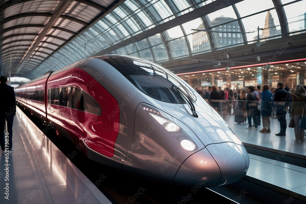 Red and white modern high-speed train on a railway platform. Boarding platform at the railway station. High-speed transport. Red and white modern high-speed train on a railway platform. Boarding platform at the railway station. High-speed transport.