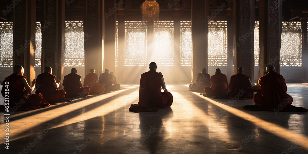 Monks and nuns in traditional Buddhist robes pray - obrazy, fototapety, plakaty 