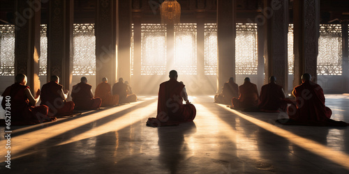 Monks and nuns in traditional Buddhist robes pray © xartproduction