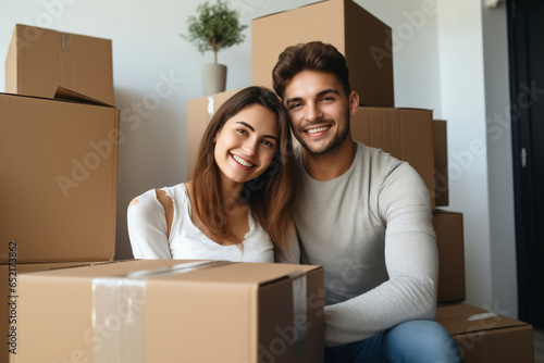 Young happy married couple in their new home after moving in. Unpacking boxes after moving into a new apartment. New homeowners. Mortgage. Rental of property. © Anoo