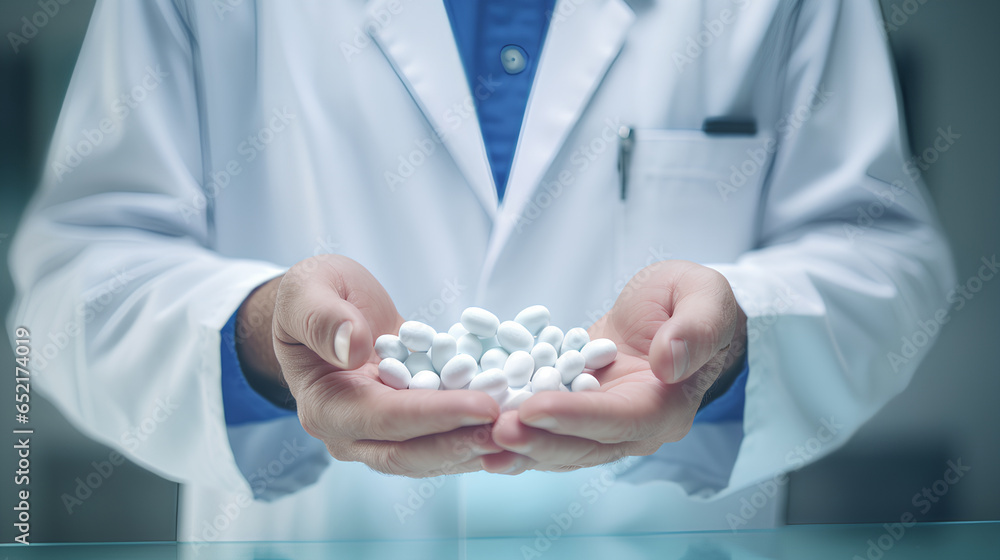Hand of doctor holding a lot of pills in his hand Hand of doctor holding a lot of pills in his hand