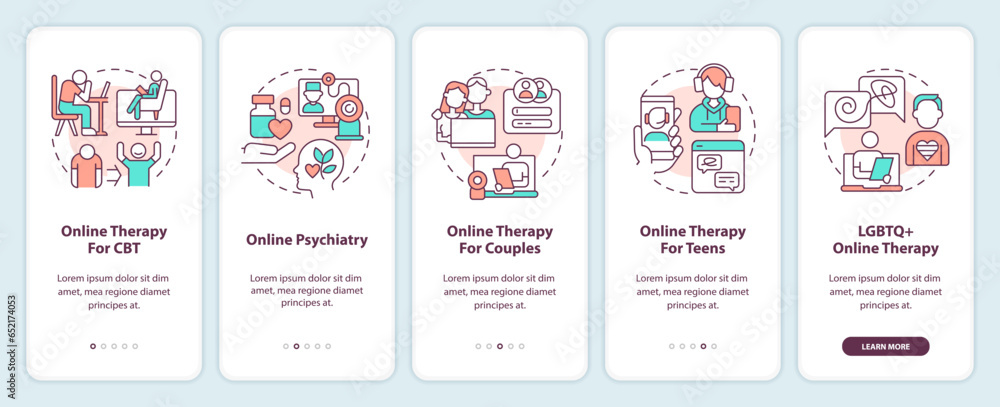 2D icons representing online therapy mobile app screen set. Walkthrough 5 steps colorful graphic instructions with thin line icons concept, UI, UX, GUI template. 2D icons representing online therapy mobile app screen set. Walkthrough 5 steps colorful graphic instructions with thin line icons concept, UI, UX, GUI template.