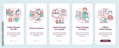 2D icons representing online therapy mobile app screen set. Walkthrough 5 steps colorful graphic instructions with thin line icons concept, UI, UX, GUI template.