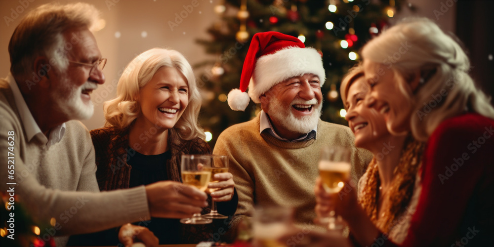 family with elderly parents sitting at christmas table
