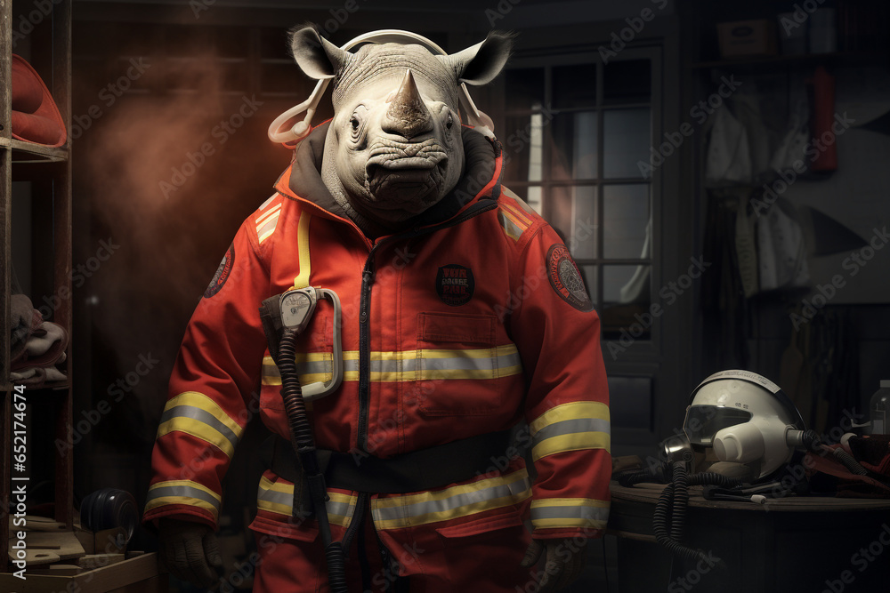 Fototapeta premium cool rhino animal firefighter uniform