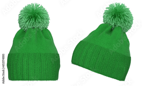 Green Knitted winter bobble hat. Handmade woolly cap with pompom on top photo