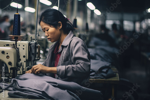 Portrait of asian woman sewing clothing in Multinacional Factory , precarious jobs, poor work condition, exploitation and fast fashion concept photo