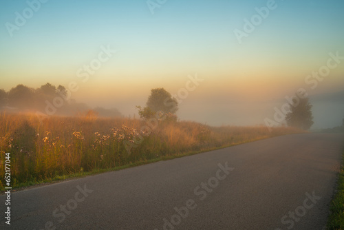 Mountain road on a misty  beautiful morning. Shallow depth of field.Image for CGI Backplates.