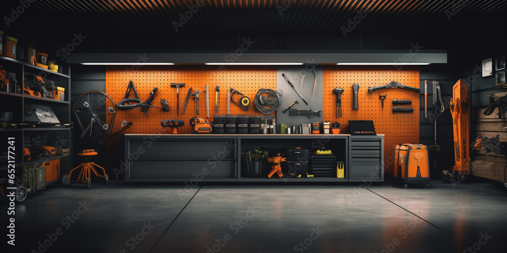Clean and organized garage with tools - obrazy, fototapety, plakaty 