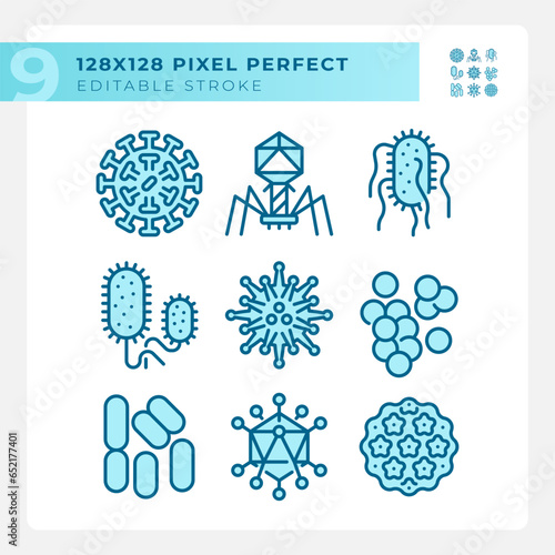 2D pixel perfect blue icons set representing bacteria, editable thin linear illustration.